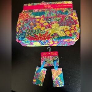 Trina Turk Floral XL Double Zip Pouch and Luggage Tags